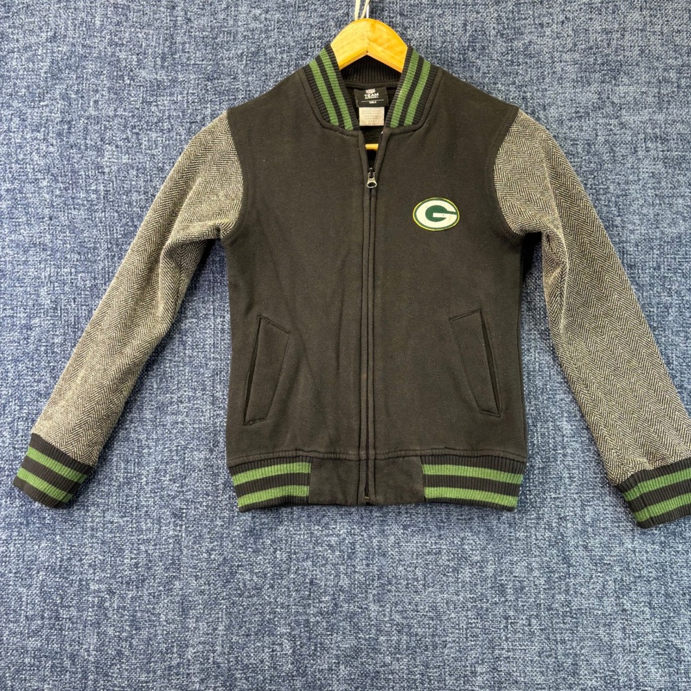 Green Bay Packers Jacket Girls S 7/8 Black Grey Herringbone Zip NFL Team Apparel